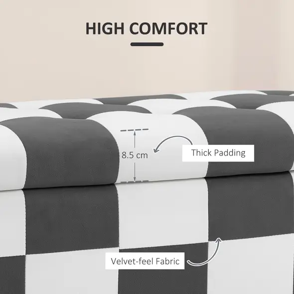 HOMCOM Storage Ottoman, Storage Bench with Wood Legs, Footstool, Footrest with Velvet Surface for Bedroom, Hallway, Living Room, 114 x 47 x 47 cm, Dark Grey and White - 4