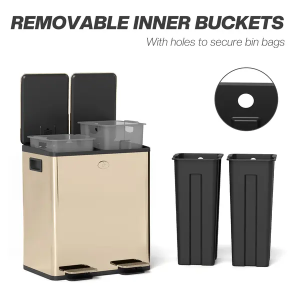 HOMCOM 40L Dual Compartment Stainless Steel Bin, with Deodoriser Holders - Gold Tone - 6