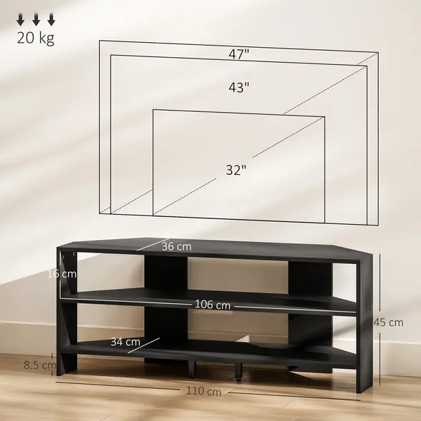 HOMCOM Corner TV Stand with 2 Open Shelves for 47 Inch TV - Black - 2