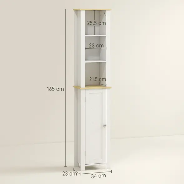 kleankin Slim Bathroom Storage Unit with Open Compartment, Bathroom Storage Cabinet with Adjustable Shelf, 34 x 23 x 165 cm, White - 2