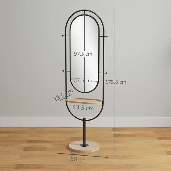 HOMCOM Oval Full Length Mirror with Wooden Tray and 4 Hooks - Black - 2