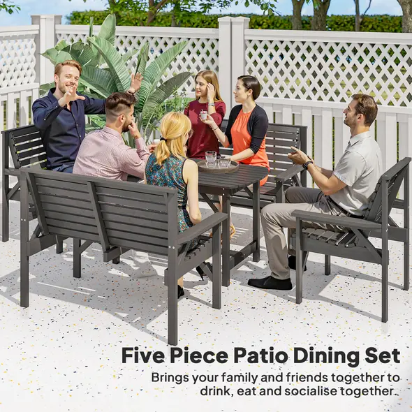 Outsunny 5 Piece Wooden Garden Dining Set for 6, Outdoor Conversation Set with 2 Armchairs, 2 Loveseats and Dining Table with Umbrella Hole for Patio, Balcony, Grey - 3