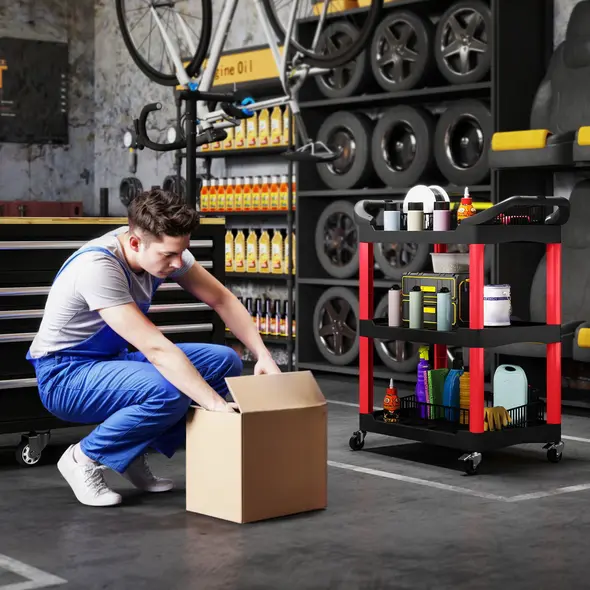 HOMCOM 3-Tier Rolling Tool Cart, Tool Trolley on Wheels, Plastic Mobile Service Utility Cart with Handles for Garage, Mechanics and Warehouse, 91kg Capacity, Black and Red - 6