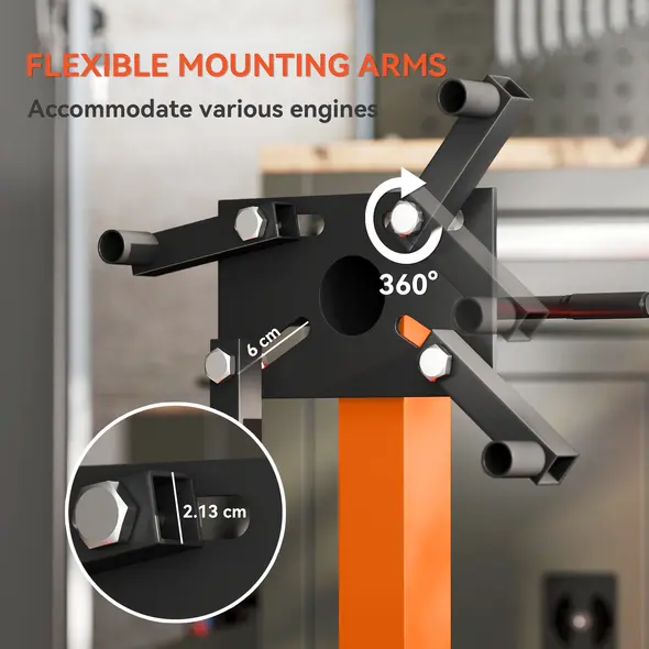 HOMCOM Engine Stand, 570 kg Rotating Engine Stand with 360 Degree Adjustable Head, 4 Mounting Arms, Heavy Duty Steel Support, Universal Wheels for Garage Workshop Auto Repair, Orange - 5