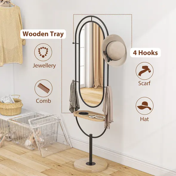 HOMCOM Oval Full Length Mirror with Wooden Tray and 4 Hooks - Black - 4