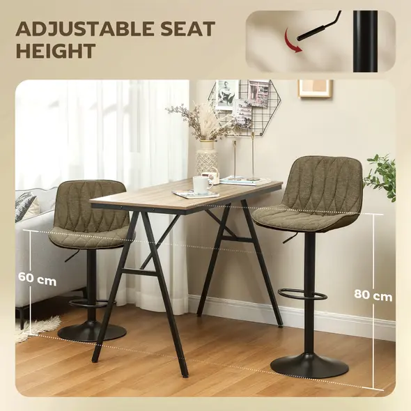 HOMCOM Set of Two Linen-Look Bar Stools - Brown - 4