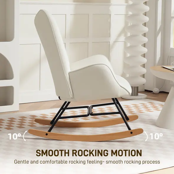 HOMCOM Rocking Chair, Modern Upholstered Velvet Armchair with Solid Wood Legs and Metal Frame for Living Room, Bedroom, Cream - 4