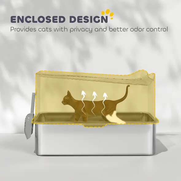 PawHut Stainless Steel Cat Litter Tray, Extra Large Enclosed Litter Box with Scoop, Top Entrance, Non-slip Pads, Dark Grey - 4