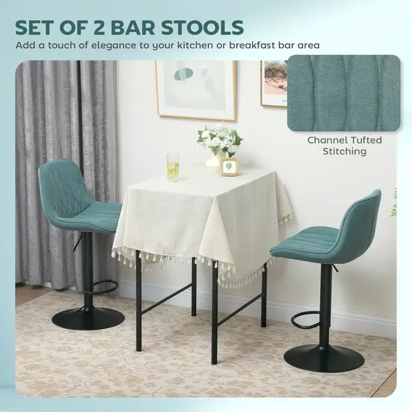 HOMCOM Set of Two Linen-Look Bar Stools - Blue - 3