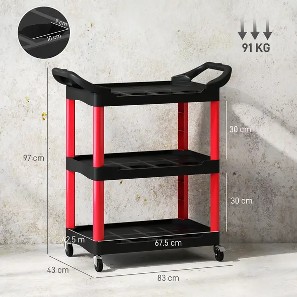 HOMCOM 3-Tier Rolling Tool Cart, Tool Trolley on Wheels, Plastic Mobile Service Utility Cart with Handles for Garage, Mechanics and Warehouse, 91kg Capacity, Black and Red - 2