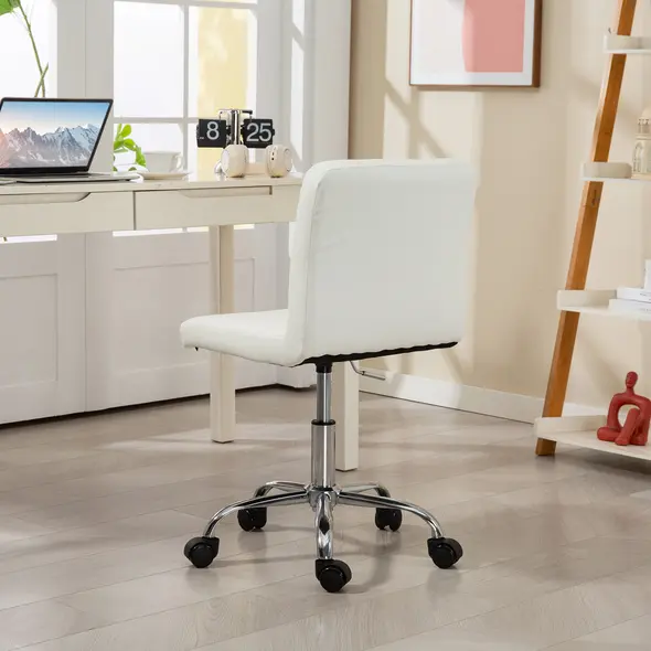 HOMCOM PU Leather Armless Office Chair, Modern Vanity Computer Swivel Chair with Rolling Wheels and Adjustable Height for Home Study, Bedroom, White - 8