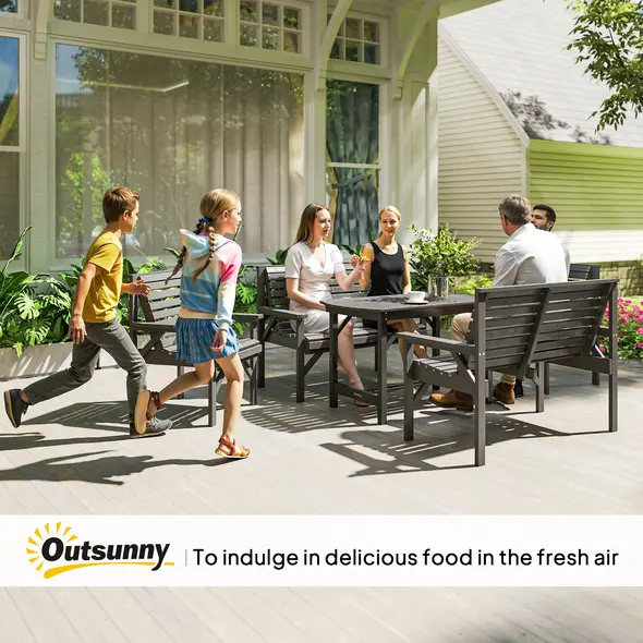 Outsunny 5 Piece Wooden Garden Dining Set for 6, Outdoor Conversation Set with 2 Armchairs, 2 Loveseats and Dining Table with Umbrella Hole for Patio, Balcony, Grey - 8