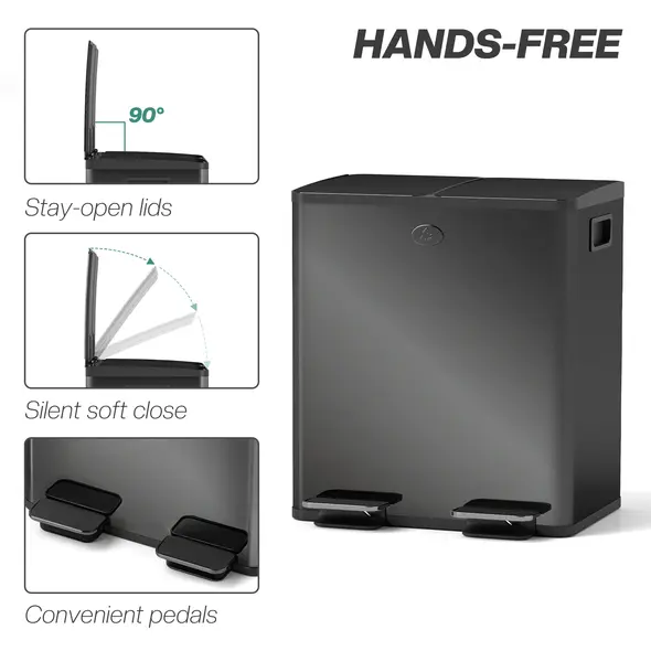 HOMCOM 40L Dual Compartment Stainless Steel Bin, with Deodoriser Holders - Glossy Black - 5