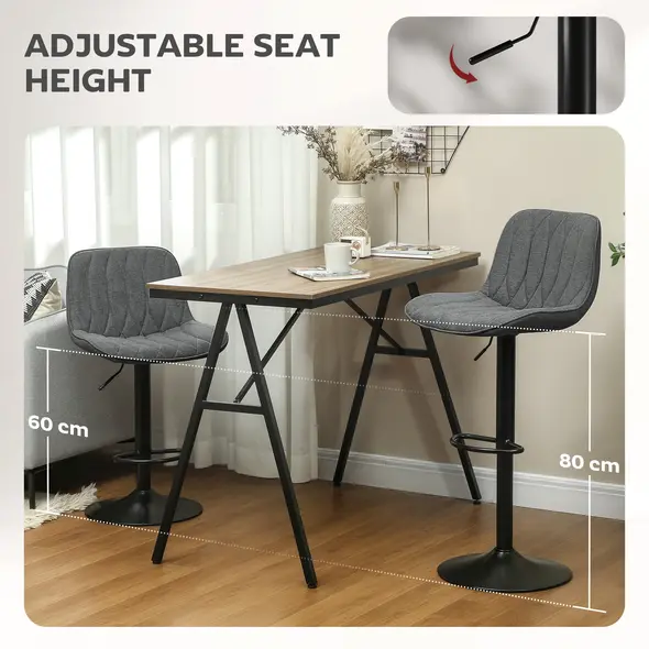 HOMCOM Set of Two Linen-Look Bar Stools - Charcoal Grey - 4