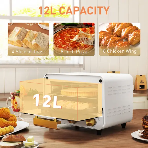 HOMCOM Small Toaster Oven, 12L Multifunction Mini Countertop Oven with Glass Door, Adjustable Temperature and Timer, White - 3