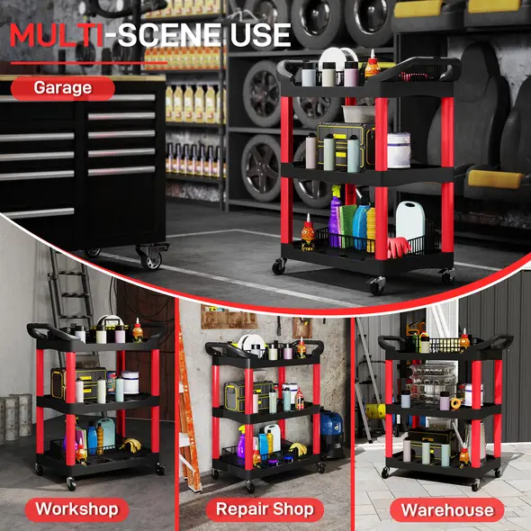 HOMCOM 3-Tier Rolling Tool Cart, Tool Trolley on Wheels, Plastic Mobile Service Utility Cart with Handles for Garage, Mechanics and Warehouse, 91kg Capacity, Black and Red - 5