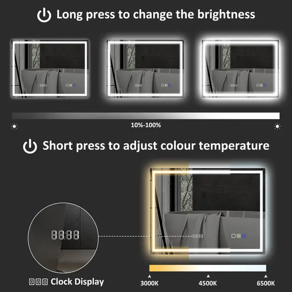 HOMCOM 60 x 80 cm Anti-Fog LED Bathroom Mirror, with Bluetooth and Clock - Silver Tone - 5