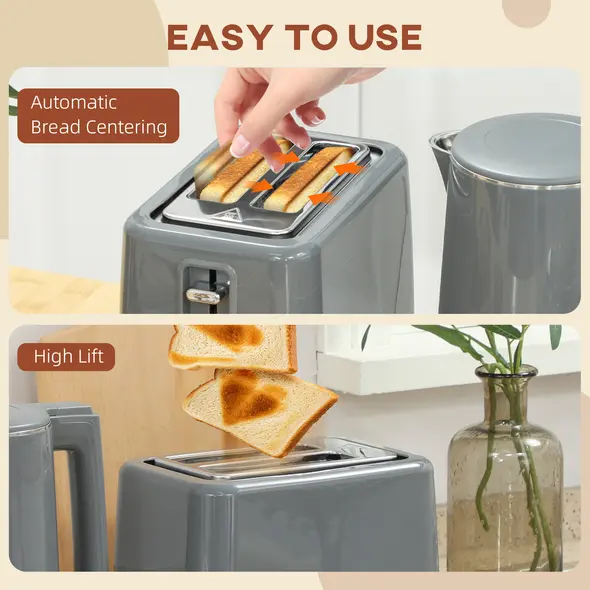 HOMCOM Digital Stainless Steel Kettle and Toaster Set, 1.5L 3000W Fast Boil Kettle, 2 Slice Toaster with 7 Level Browning Controls, Defrost, Reheat, Keep Warm, Crumb Tray and LED Touch Display, Grey - 7