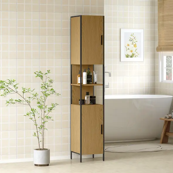HOMCOM Tall Bathroom Cabinet with 2 Doors, Open Compartments and Adjustable Shelves - Natural Wood Finish - 1