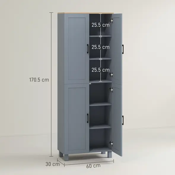 HOMCOM Freestanding Kitchen Cupboard, 4-Door Storage Cabinet with Adjustable Shelves, Modern Kitchen Pantry for Dining Room, 170cm, Grey Wood Effect - 2