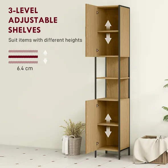 HOMCOM Tall Bathroom Cabinet with 2 Doors, Open Compartments and Adjustable Shelves - Natural Wood Finish - 4