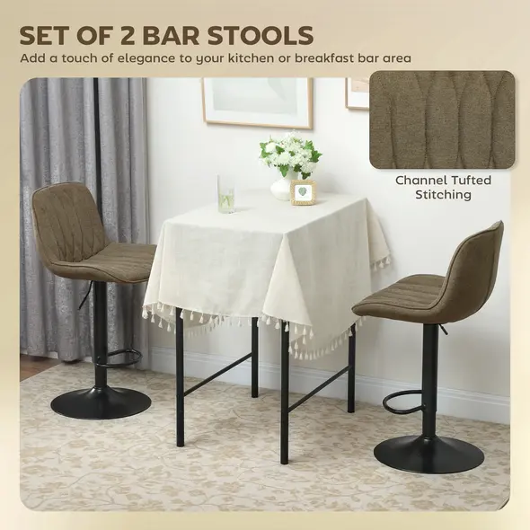 HOMCOM Set of Two Linen-Look Bar Stools - Brown - 3