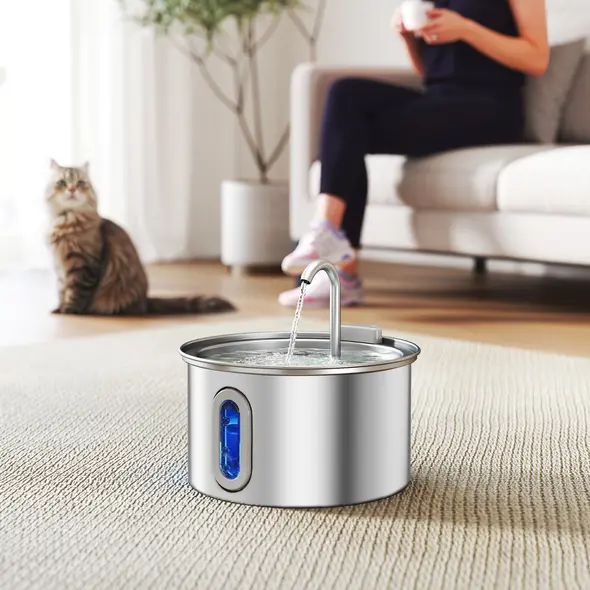 PawHut 2.5L Stainless Steel Cat Water Fountain for Drinking with Ultra-Silent Pump, Water-Level Window, 7 Filters - 1