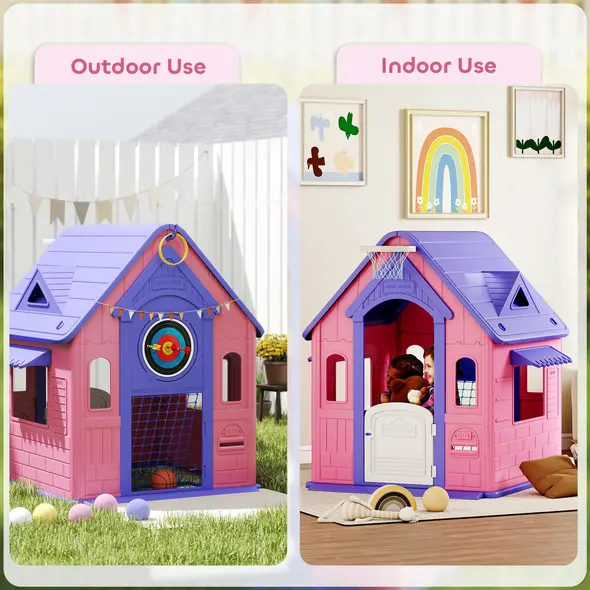 AIYAPLAY 5-in-1 Playhouse for Kids Outdoor Indoor with Basketball Hoop, Football Goal, Dartboard, Ring Toss for 2-5 Years, Pink - 7