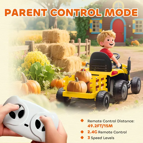 AIYAPLAY 12V Ride on Tractor and Trailer with Remote Control, Music, Shifter, Start-Up Sound, for Kids Ages 3-8 Years, Yellow - 6