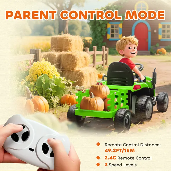 AIYAPLAY 12V Ride on Tractor and Trailer with Remote Control, Music, Shifter, Start-Up Sound, for Kids Ages 3-8 Years, Green - 6