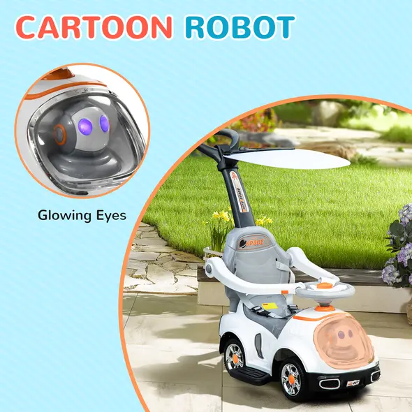 AIYAPLAY 3 in 1 Ride on Push Car, Cartoon Robot Theme Foot to Floor Slider w/ Handle Light Music Horn, Storage - White - 5