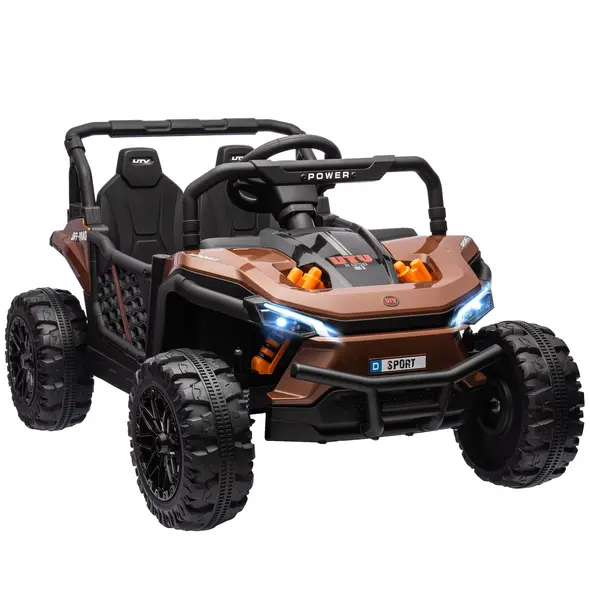 AIYAPLAY 12V Battery Powered Ride on Truck w/ Remote, Four Suspension Wheels, Horn, Lights, Music, USB, for Ages 3-5 Years, Brown - 1