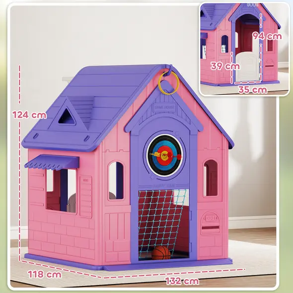AIYAPLAY 5-in-1 Playhouse for Kids Outdoor Indoor with Basketball Hoop, Football Goal, Dartboard, Ring Toss for 2-5 Years, Pink - 3