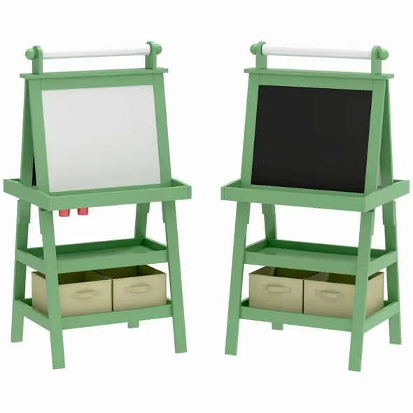 AIYAPLAY 3 in 1 Kids Easel Double-Sided Magnetic Whiteboard and Chalkboard with Paper Roll, Storage Baskets - Green - 1