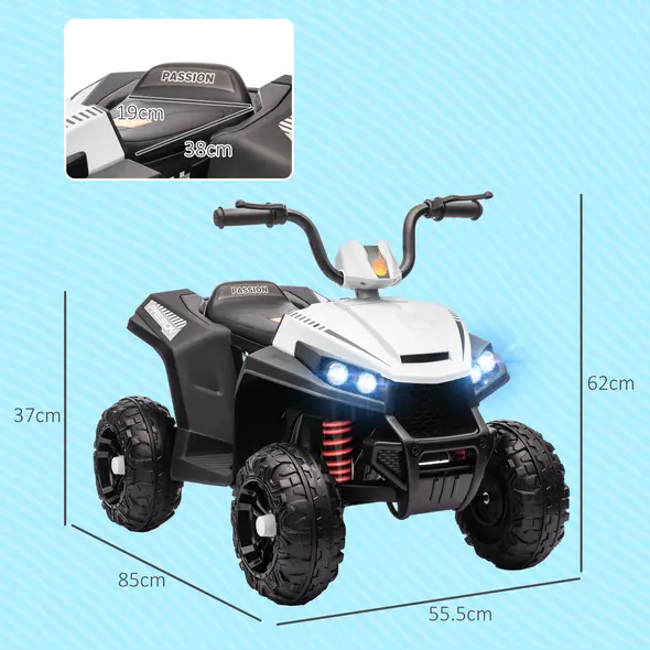 AIYAPLAY 12V Kids Electric Quad Bike w/ Spring Suspension System, Forward, Backward, LED Light, Music, MP3, White - 3