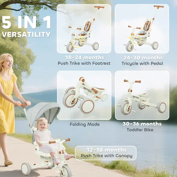 AIYAPLAY 5 in 1 Kids Trike with Adjustable Backrest, Toddler Tricycle with Push Handlebar, Adjustable Backrest, Cream White - 4