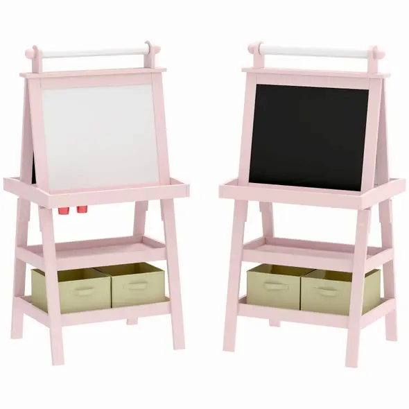 AIYAPLAY 3 in 1 Kids Easel Double-Sided Magnetic Whiteboard and Chalkboard with Paper Roll, Storage Baskets - Pink - 1