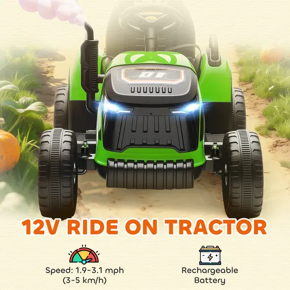 AIYAPLAY 12V Ride on Tractor and Trailer with Remote Control, Music, Shifter, Start-Up Sound, for Kids Ages 3-8 Years, Green - 4