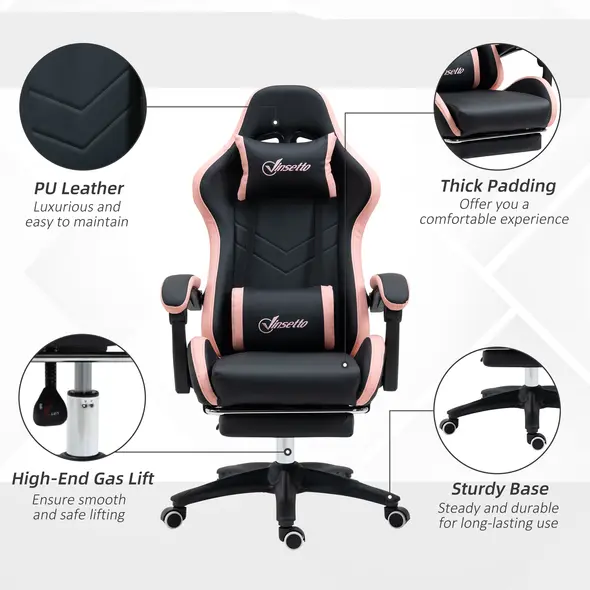 Vinsetto Computer Gaming Chair, PU Leather Office Desk Chair with Footrest, Swivel Wheels, 135° Reclining Back, Lumbar Support, Headrest for Home, Black and Pink - 6
