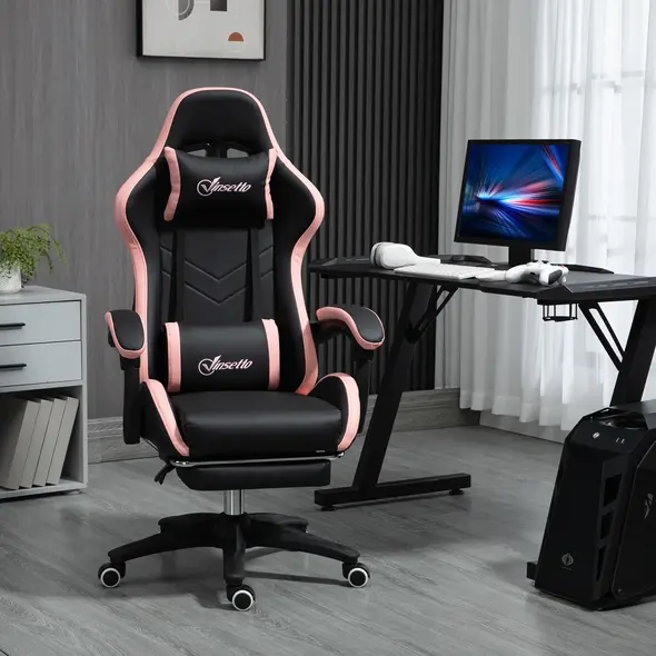 Vinsetto Computer Gaming Chair, PU Leather Office Desk Chair with Footrest, Swivel Wheels, 135° Reclining Back, Lumbar Support, Headrest for Home, Black and Pink - 1