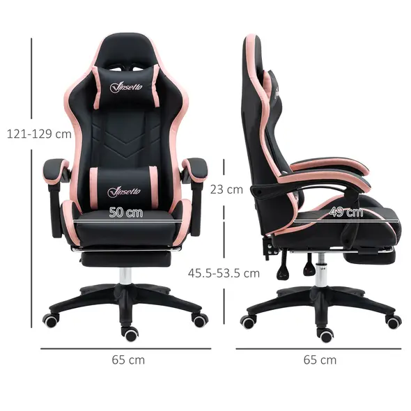 Vinsetto Computer Gaming Chair, PU Leather Office Desk Chair with Footrest, Swivel Wheels, 135° Reclining Back, Lumbar Support, Headrest for Home, Black and Pink - 2