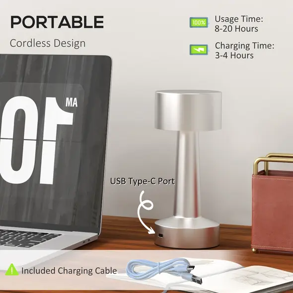 2 Pack Cordless Table Lamp, Touch LED Desk Lamp with Rechargeable Battery, 3 Colour, for Bedroom Living Room, Silver - 4