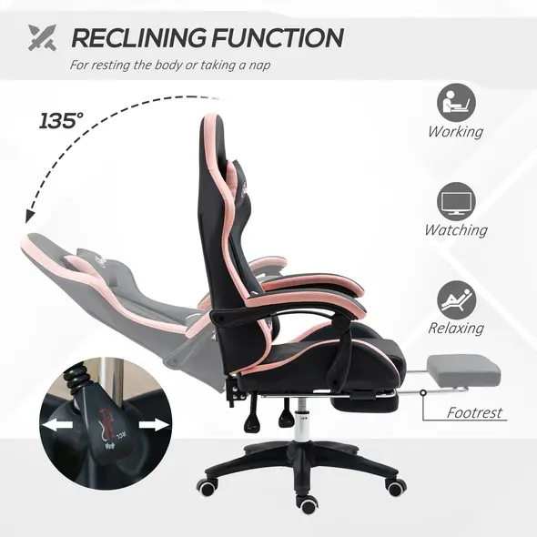 Vinsetto Computer Gaming Chair, PU Leather Office Desk Chair with Footrest, Swivel Wheels, 135° Reclining Back, Lumbar Support, Headrest for Home, Black and Pink - 4