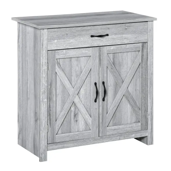 HOMCOM Farmhouse Barn Door Sideboard Storage Cabinet Coffee Bar for LIVING Room – Grey Grain - 1