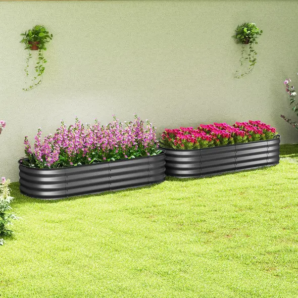Outsunny Galvanised Raised Garden Bed, Metal Planter Box with Safety Edging, for Flowers, Herbs, Succulents, Pack of 2, Dark Grey - 8