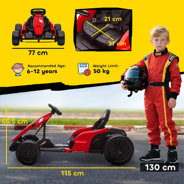 AIYAPLAY 24V Electric Go Kart, Drift Kart with Adjustable Seat, Slow Start, 5-Point Harness, Music, Horn, for 6-12 Years, Red - 3