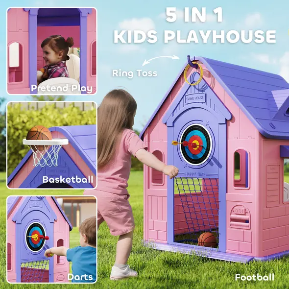 AIYAPLAY 5-in-1 Playhouse for Kids Outdoor Indoor with Basketball Hoop, Football Goal, Dartboard, Ring Toss for 2-5 Years, Pink - 4