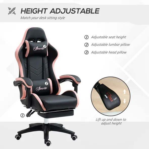 Vinsetto Computer Gaming Chair, PU Leather Office Desk Chair with Footrest, Swivel Wheels, 135° Reclining Back, Lumbar Support, Headrest for Home, Black and Pink - 3
