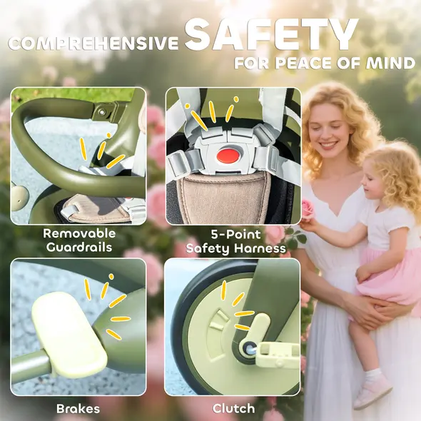 AIYAPLAY 5 in 1 Kids Trike with Adjustable Backrest, Toddler Tricycle with Push Handlebar, Adjustable Backrest, Dark Green - 5