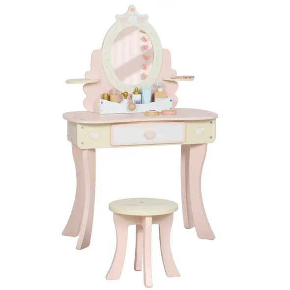 AIYAPLAY Kids Dressing Table, Girls Vanity Set with Mirror and Stool, 7 Play Accessories, Drawer, Desktop Storage, Pink - 1